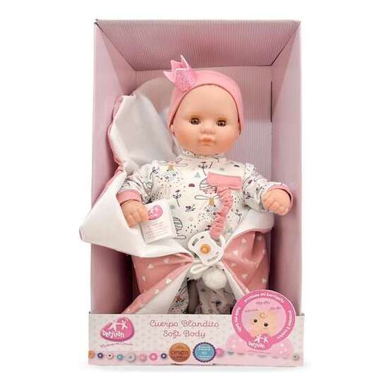 MUÑECA BEBE LLORONA  BABY SHOES CON CANASTILLA ROSA. AL PULSAR LA BARRIGA LLORA Y DICE MAMÁ Y PAPÁ 34 CM image 1