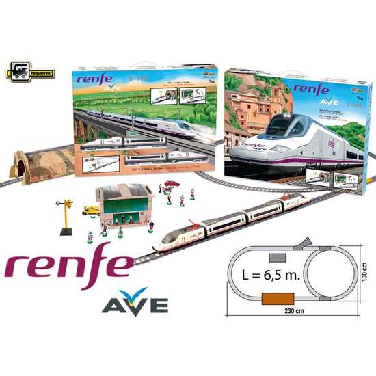 TREN RENFE AVE CON DESVÍOS, TÚNEL DE MONTAÑA Y ESTACIÓN CON PERSONAJES.230 X 100 CM 6,5 M DE CIRCUITO image 0