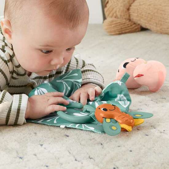 CONJUNTO REGALO JUGUETES SENSORIALES SENSIMALS FISHER-PRICE. (MORDEDOR,PELUCHE,POLILLA SONAJERO Y PAÑO DE APEGO) image 0