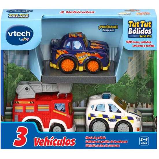 TUT TUT BOLIDOS SET 3 (MARÍA POLICÍA, VALIENTE CAMIÓN BOMB Y VICTORIA COCHE CARRERAS)VEHÍCULOS CON LUZ, VOZ, MELODIAS Y CANCIONES. 8 X 9 X 5,5 CM image 0