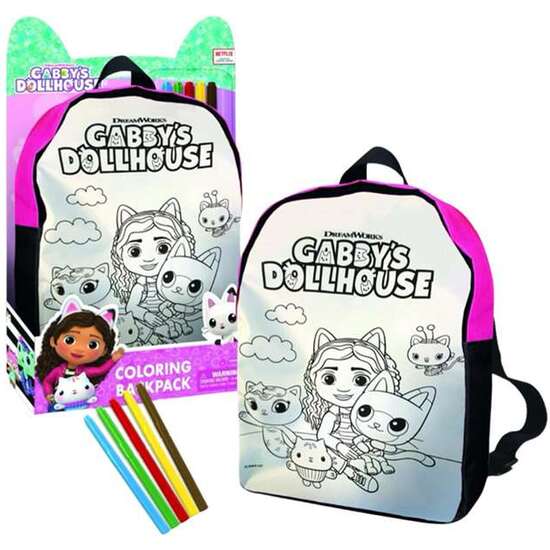 MOCHILA PARA COLOREAR LA CASA DE MUÑECAS DE GABBY. PERSONALIZA Y COLOREA TU PROPIA MOCHILA. INCLUYE 5 ROTULADORES ESPECIALES PARA PINTURA SOBRE TELA. 26X34X7 CM image 0