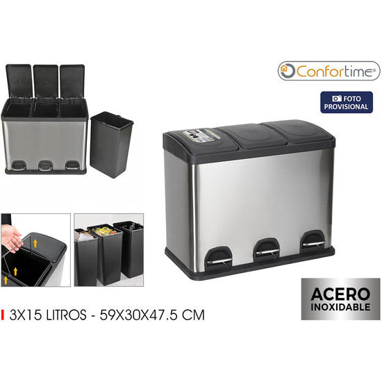 CUBO RECICLAJE SS C/PEDAL 3X15LTS CONFORTIME image 1