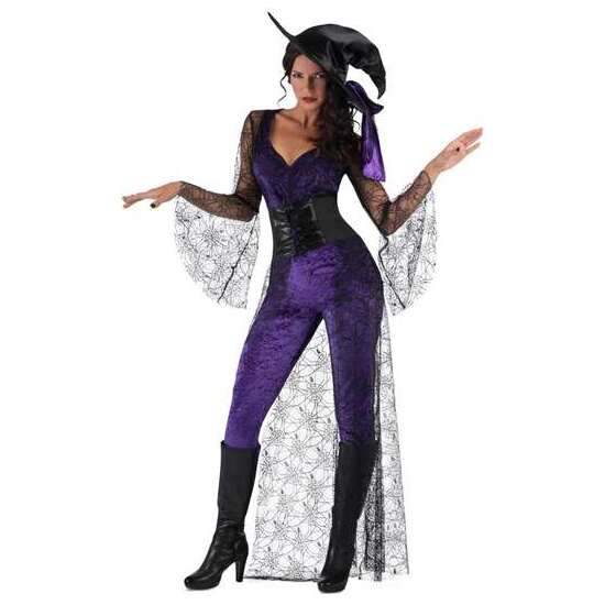 DISFRAZ BRUJA DEL AQUELARRE MORADA SOMBRERO, TOP CON COLA, CORPIÑO Y MALLAS TALLA S image 0