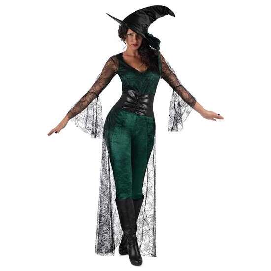 DISFRAZ BRUJA DEL AQUELARRE VERDE SOMBRERO, TOP CON COLA, CORPIÑO Y MALLAS TALLA S image 0