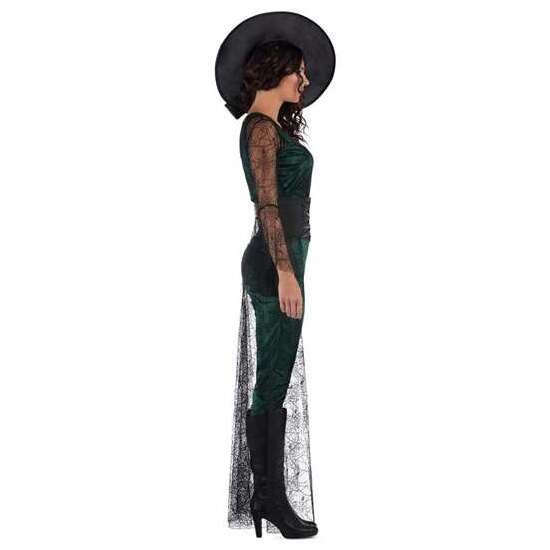 DISFRAZ BRUJA DEL AQUELARRE VERDE SOMBRERO, TOP CON COLA, CORPIÑO Y MALLAS TALLA S image 1