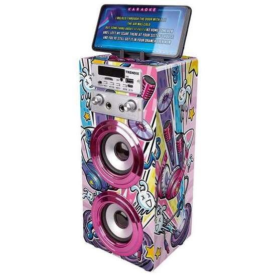 KARAOKE INCLUYE 2 MICRÓFONOS EQUIPADO CON UN ASA, UNA BASE PARA APOYAR EL MÓVIL, RANURAS PARA MEMORIAS USB Y MICRO SD, RADIO FM Y BLUETOOTH image 1