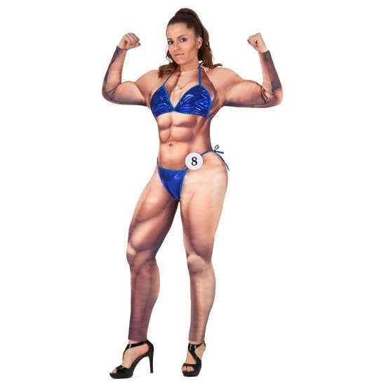 DISFRAZ CULTURISTA MONO CON RELLENO, BIKINI Y PLACA DE CONCURSANTE TALLA ONE SIZE image 0