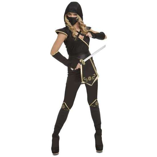 DISFRAZ BLACK NINJA VESTIDO CON CAPUCHA, CINTURÓN, POLAINAS, MÁSCARA Y MANGUITOS TALLA XXL image 0