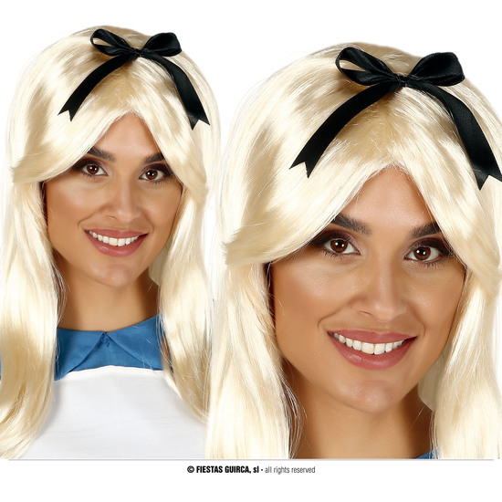 PELUCA RUBIA CON LAZO NEGRO EN CAJA image 0