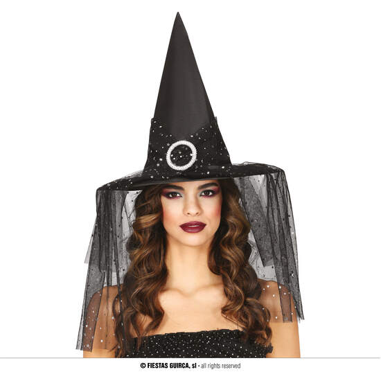 SOMBRERO BRUJA CON VELO Y ESTRELLAS image 0