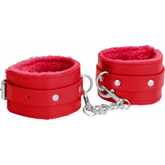 OUCH PLUSH LEATHER HAND CUFFS RED image 0