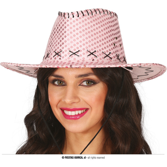 SOMBRERO VAQUERO LENTEJUELAS ROSA, ADULTO image 0