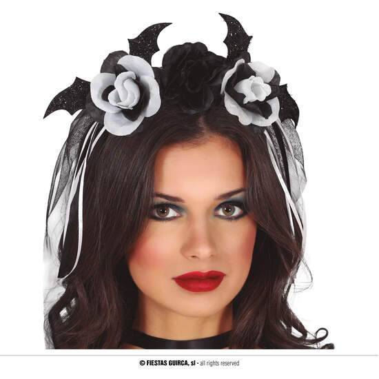 DIADEMA CON FLORES NEGRAS Y BLANCA CON VELO image 0