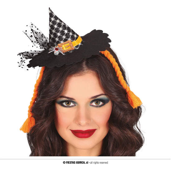 DIADEMA MINI HAT BRUJA CON TRENZAS NARANJAS image 0