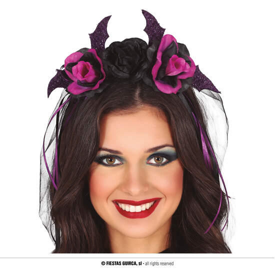 DIADEMA CON FLORES NEGRAS Y LILAS CON VELO image 0