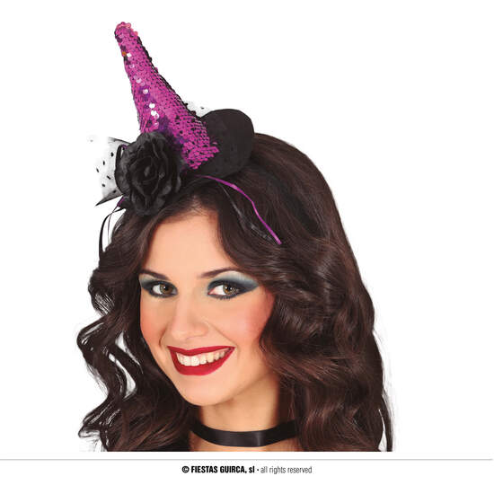 DIADEMA MINI HAT BRUJA LENTEJUELAS LILA image 0