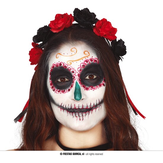 DIADEMA CALAVERA CON FLORES ROJAS Y NEGRAS image 0