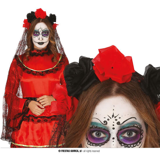 DIADEMA FLORES NEGRAS Y ROJAS CON VELO image 0