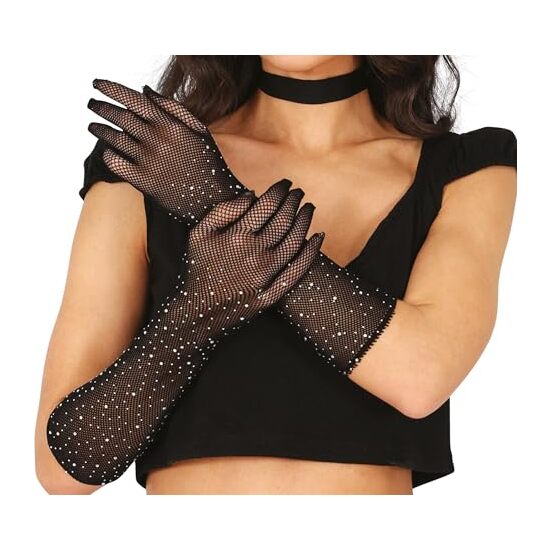 GUANTES MALLA NEGROS CON PEDRERIA 30 CMS, ADULTA image 0