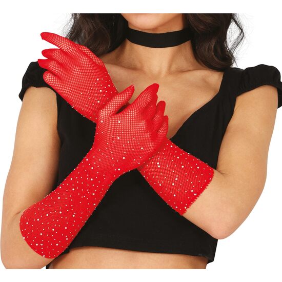 GUANTES MALLA ROJOS CON PEDRERIA 30 CMS, ADULTA image 0