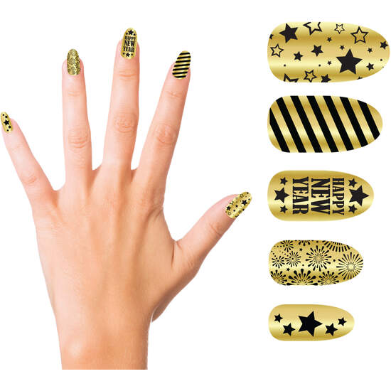 12 UÑAS HAPPY NEW YEAR DORADO CON ADHESIVO image 0