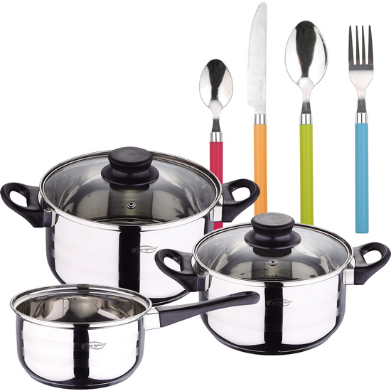 PACK BATERÍA DE COCINA 5 PIEZAS + SET DE CUBERTERÍA 24PC EN ACERO INOXIDABLE MANGOS MULTICOLOR image 0