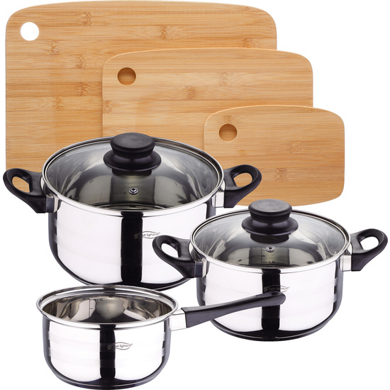 PACK BATERÍA DE COCINA 5 PIEZAS + SET DE 3 TABLAS DE CORTE EN BAMBÚ image 0