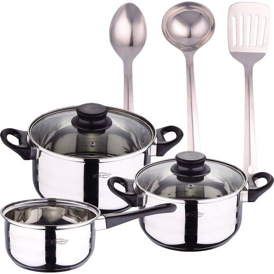 PACK BATERÍA DE COCINA 5 PIEZAS + SET DE 3PC UTENSILIOS DE COCINA EN ACERO INOXIDABLE image 0