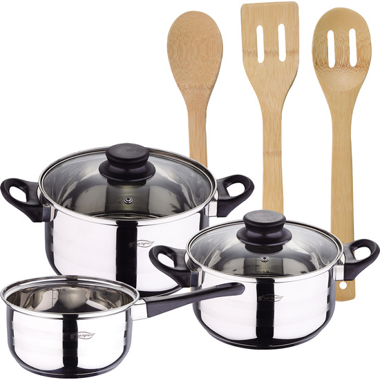 PACK BATERÍA DE COCINA 5 PIEZAS + SET 3PC UTENSILIOS DE COCINA EN BAMBÚ image 0