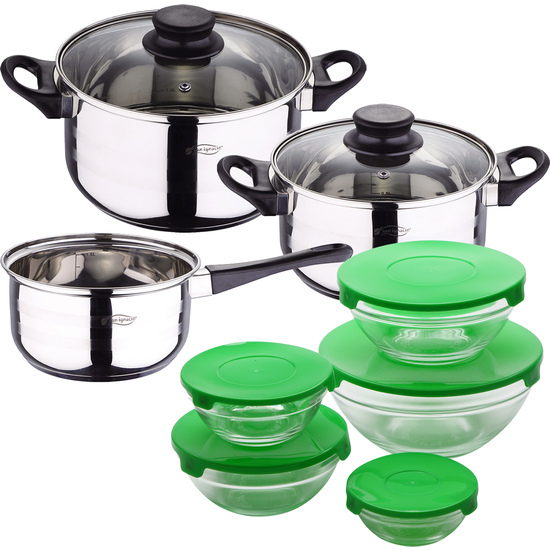 PACK BATERÍA DE COCINA 5 PIEZAS + SET DE 5PC BOLES CON TAPA COLOR VERDE image 0