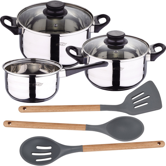 PACK BATERÍA DE COCINA 5 PIEZAS + SET DE 3PC UTENSILIOS DE COCINA DE SILICONA Y MADERA image 0