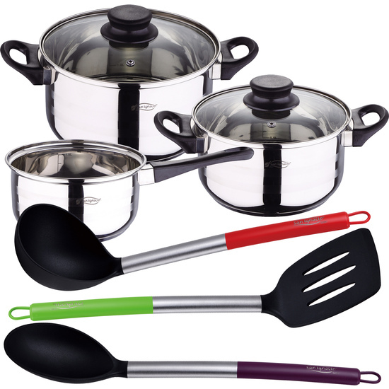 PACK BATERÍA DE COCINA 5 PIEZAS + SET DE 3PC UTENSILIOS DE COCINA EN NYLON image 0