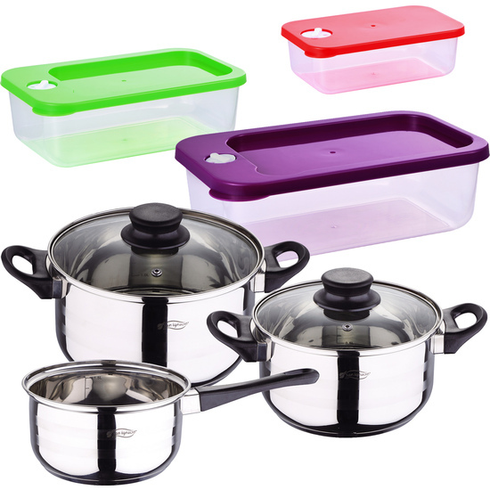 PACK BATERÍA DE COCINA 5 PIEZAS + SET DE 3PC HERMÉTICOS APILABLES DE PLÁSTICO image 0