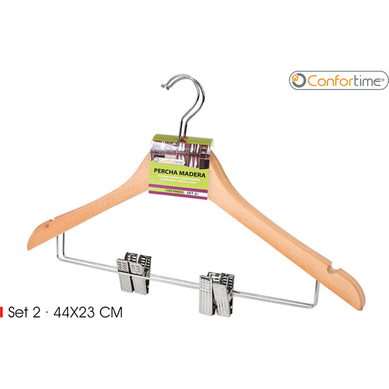 SET-2 WOODEN CLOTH HANGER W/CLIPS CONFORTIME image 0