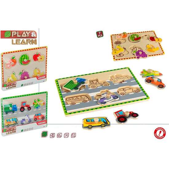PUZZLE ENCAJABLES DE MADERA, FRUTAS Y VEHICULOS 7 PIEZAS 29X22 CM. - MODELOS SURTIDOS image 0