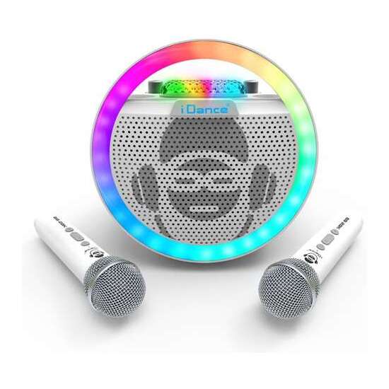 ALTAVOZ KARAOKE CON FORMA CIRCULAR Y LUCES DISCO. INCLUYE 2 MICROFONOS INHALAMBRICOS image 3