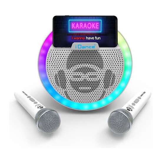 ALTAVOZ KARAOKE CON FORMA CIRCULAR Y LUCES DISCO. INCLUYE 2 MICROFONOS INHALAMBRICOS image 4