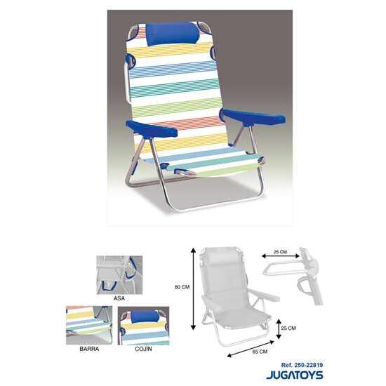 SILLA PLAYA ALUMINIO MULTIPOSICION RAYAS CON REPOSACABEZAS 25 CM, CON ALMOHADILLA, 80X65X45CM, 25 CM ALTURA ASIENTO image 0