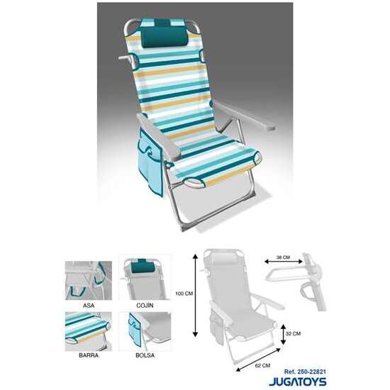 SILLA PLAYA ALUMINIO MULTIPOSICION RAYADA CON REPOSACABEZAS 38 CM., ALMOHADILLA, BOLSO LATERAL Y ASAS PARA TRANSPORTAR, 100X62X57CM (480GR) image 0