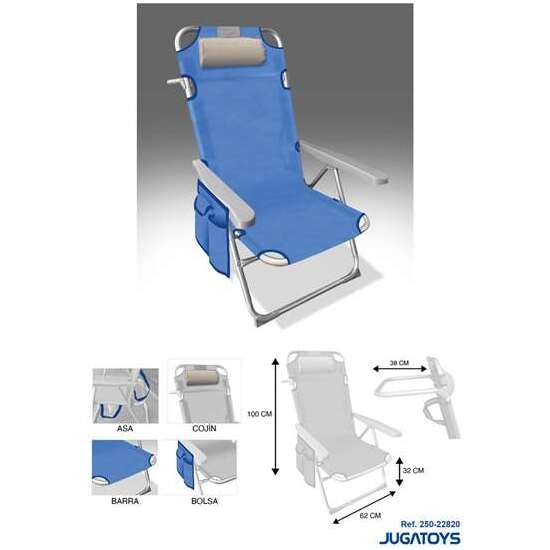 SILLA PLAYA ALUMINIO MULTIPOSICION AZUL CON REPOSACABEZAS 38 CM., ALMOHADILLA, BOLSO LATERAL, ASAS PARA TRANSPORTAR Y REPOSABRAZOS GRIS, 100X63X57CM (480GR) image 0
