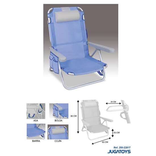 SILLA PLAYA ALUMINIO MULTIPOSICION AZUL CON REPOSACABEZAS 25 CM., ALMOHADILLA, BOLSO LATERAL Y REPOSABRAZOS GRIS,  80X65X45CM, 25 CM ALTURA ASIENTO image 0