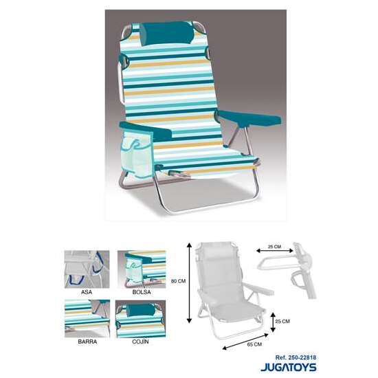 SILLA PLAYA ALUMINIO MULTIPOSICION RAYAS CON REPOSACABEZAS 25 CM, ALMOHADILLA Y BOLSO LATERAL, 80X65X45CM, 25 CM ALTURA ASIENTO. image 0