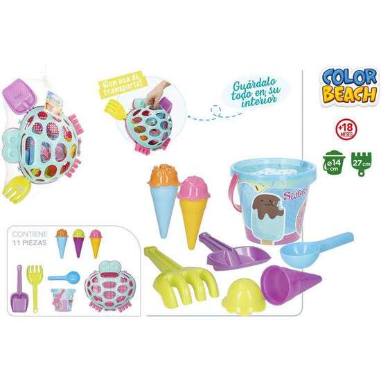 CUBO DE PLAYA CANGREJO DIAMETRO 14 CM CON PALA,RASTRILLO 3 MOLDES DE HELADO. image 0