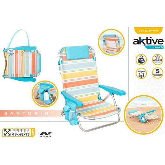 SILLA DE PLAYA PLEGABLE ALUMINIO 4 POSICIONES CON COJIN Y BOLSILLO LATERAL. 48X47X74CM image 0