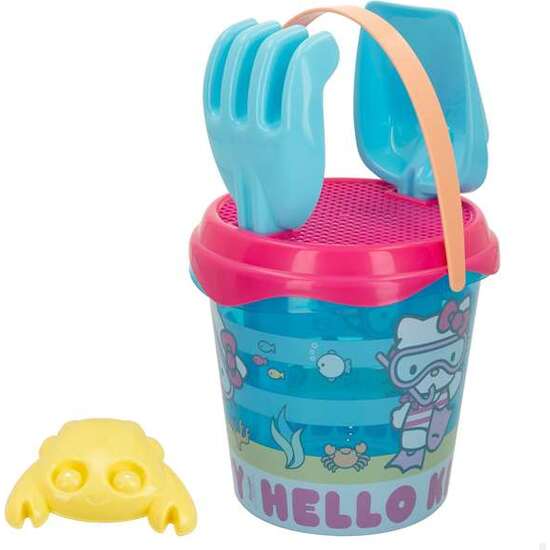CUBO DE PLAYA HELLO KITTY DIAMETRO 18CM CON PALA,RASTRILLO Y 3 MOLDES. image 0