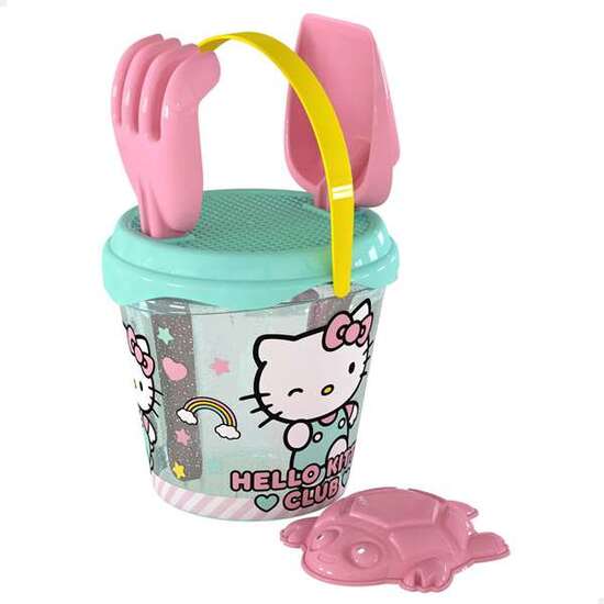 CUBO DE PLAYA HELLO KITTY DIAMETRO 14 CM CON PALA, RASTRILLO Y 3 MOLDES. image 0
