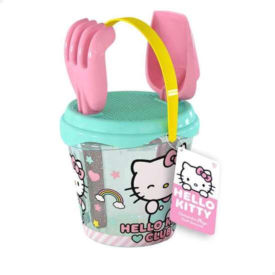 CUBO DE PLAYA HELLO KITTY DIAMETRO 14 CM CON PALA, RASTRILLO Y 3 MOLDES. image 1