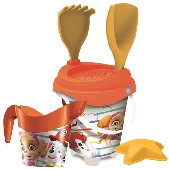 CUBO PLAYA  CASTILLO PAW PATROL CON CEDAZO, PALA,RASTRILLO, REGADERA Y MOLDES.18 CM image 0