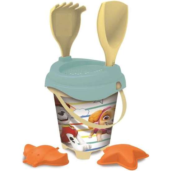 CUBO PLAYA CASTILLO PAW PATROL CON CEDAZO, PALA,RASTRILLO Y MOLDES.18 CM image 0