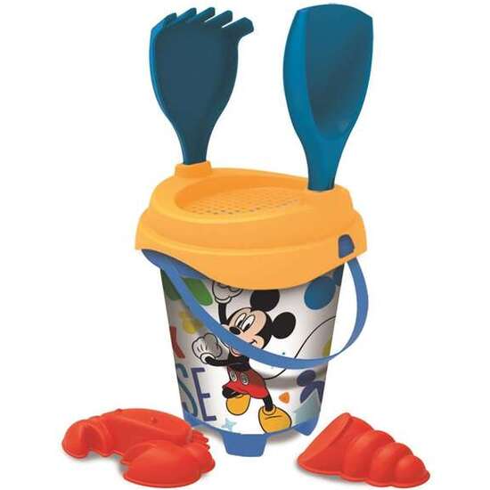 CUBO PLAYA CASTILLO MICKEY CON CEDAZO, PALA, RASTRILLO Y MOLDES 18 CM image 0